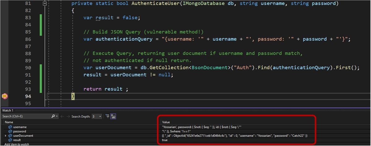 Visual Studio Debugger Demonstrating the State Immediately After Injection Attack